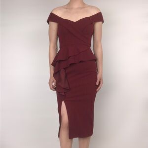 Bariano Australia Off The Shoulder Ruffled Midi Cocktail Slit Dress Red Size 4